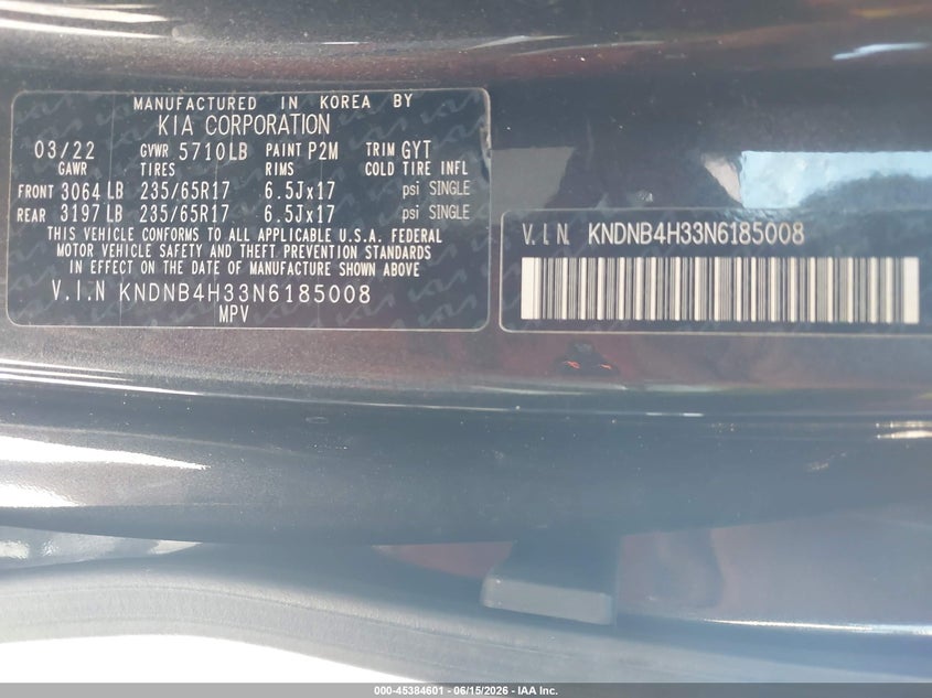 2022 Kia Carnival VIN KNDNB4H33N6185008 IAAI salvage auction — THEFT, Clear (Tennessee), sold $10,600 on 2026-07-16 (photo 9)