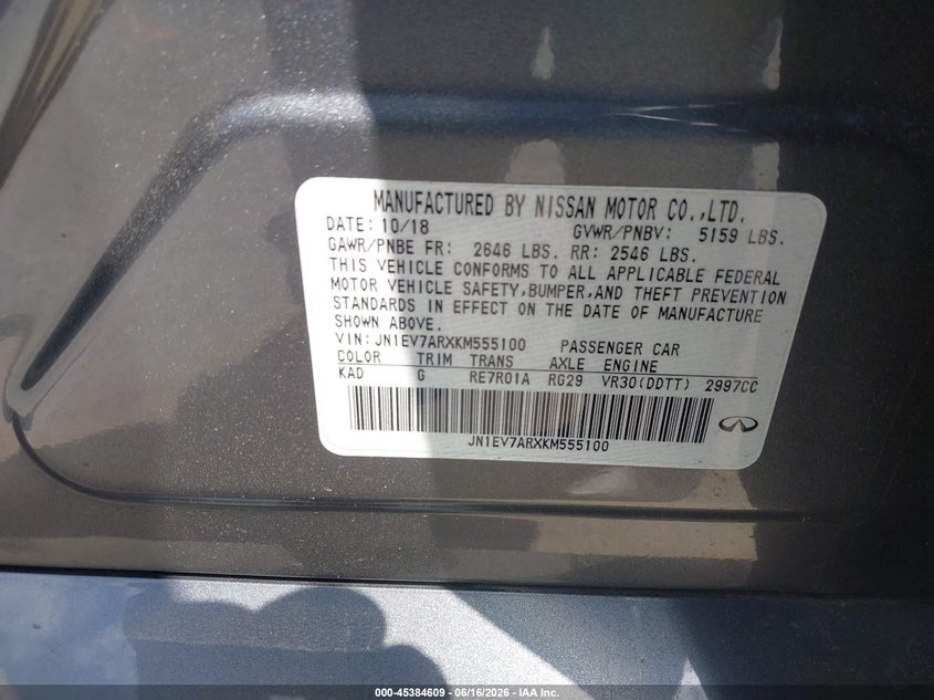 2019 Infiniti Q50 VIN JN1EV7ARXKM555100 IAAI salvage auction — FRONT END, Salvage (Connecticut), sold $1,750 on 2026-07-23 (photo 9)