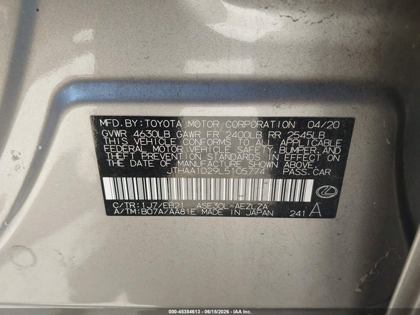2020 Lexus Is VIN JTHAA1D29L5105774 IAAI salvage auction — RIGHT FRONT, Salvage (California), sold $9,650 on 2026-07-29 (photo 9)