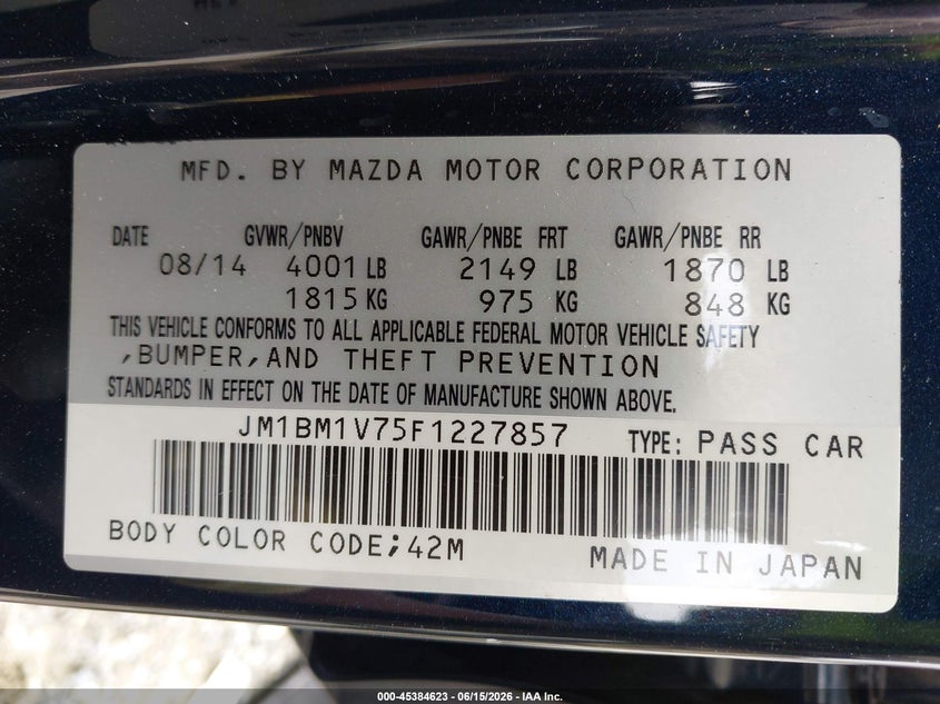 2015 Mazda 3 VIN JM1BM1V75F1227857 IAAI salvage auction — FRONT END, Salvage (Georgia), sold $1,500 on 2026-07-28 (photo 9)