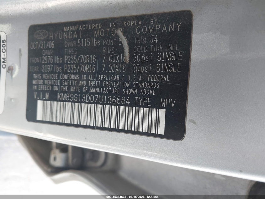 2007 Hyundai Santa fe VIN KM8SG13D07U136684 IAAI salvage auction — NORMAL WEAR, Clear (South Carolina), sold $775 on 2026-07-13 (photo 9)
