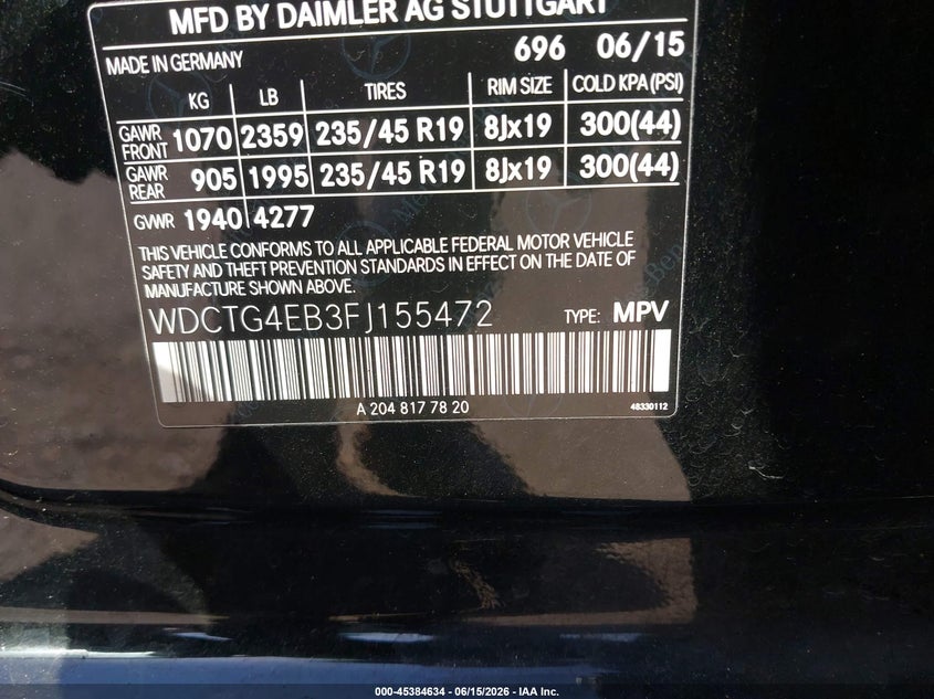 2015 Mercedes-benz Gla-klasse VIN WDCTG4EB3FJ155472 IAAI salvage auction — ENGINE BURN, Salvage (California), sold $150 on 2026-07-13 (photo 9)