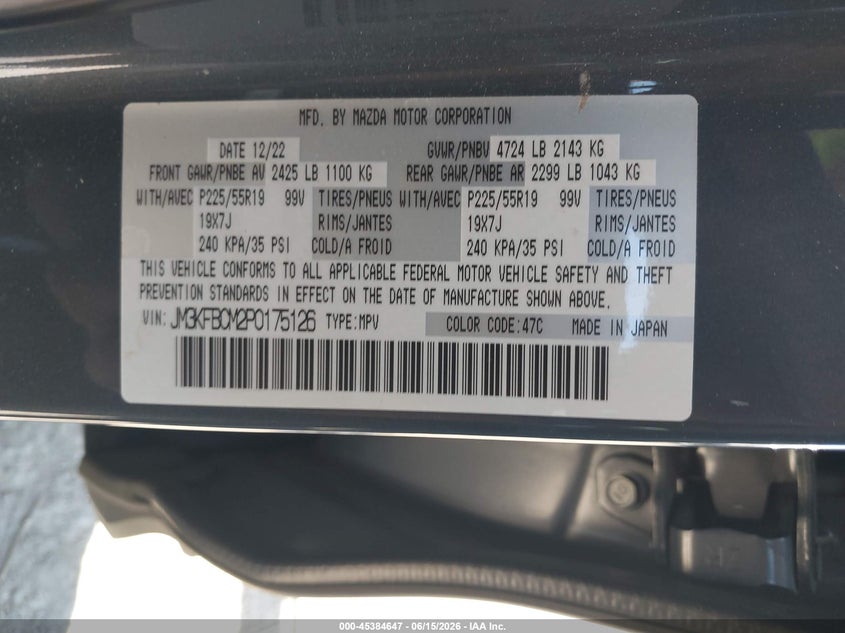 2023 Mazda Cx-5 VIN JM3KFBCM2P0175126 IAAI salvage auction — FRONT END, Salvage (California), sold $5,900 on 2026-07-15 (photo 9)