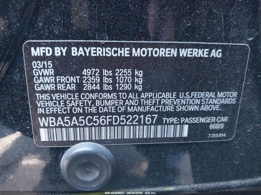 2015 BMW 5er VIN WBA5A5C56FD522167 IAAI salvage auction — LEFT REAR, Salvage Title, sold $1,950 on 2026-07-15 (photo 9)