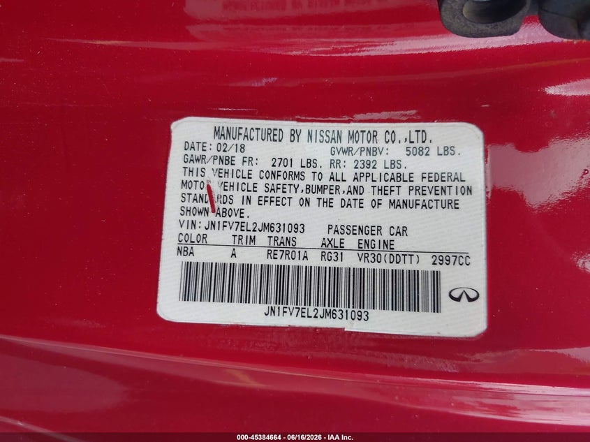 2018 Infiniti Q60 VIN JN1FV7EL2JM631093 IAAI salvage auction — FRONT END, Wait Title, sold $1,450 on 2026-09-17 (photo 9)