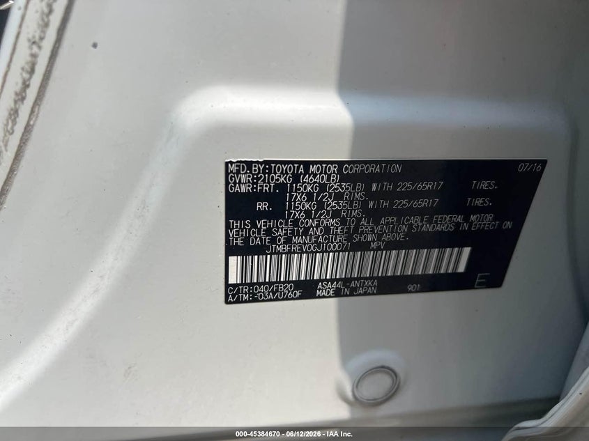 2016 Toyota Rav4 VIN JTMBFREV0GJ100071 IAAI salvage auction — NORMAL WEAR, Clear (New York), sold $6,100 on 2026-07-08 (photo 9)