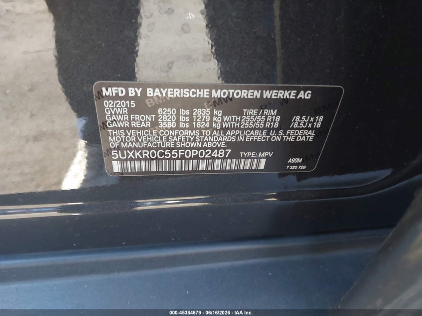 2015 BMW X5 VIN 5UXKR0C55F0P02487 IAAI salvage auction — REAR END, Salvage Certificate (California), sold $3,350 on 2026-07-10 (photo 9)