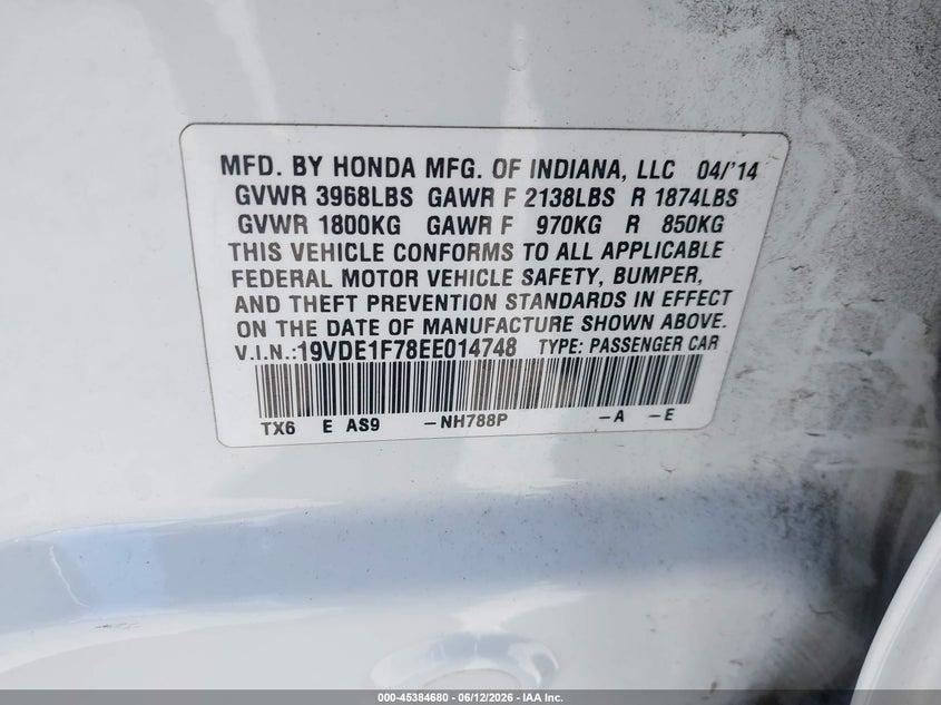 2014 Acura Ilx VIN 19VDE1F78EE014748 IAAI salvage auction — FRONT END, Salvage (California), sold $1,200 on 2026-07-09 (photo 9)