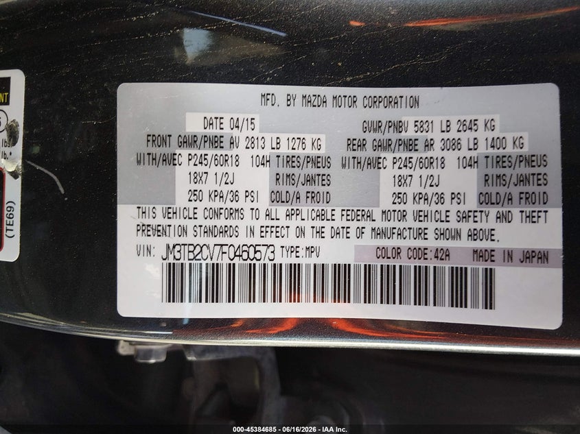 2015 Mazda Cx-9 VIN JM3TB2CV7F0460573 IAAI salvage auction — NORMAL WEAR, Clear (Nevada), sold $250 on 2026-07-31 (photo 9)