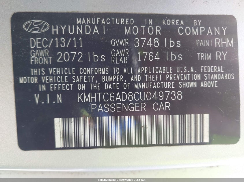 2012 Hyundai Veloster VIN KMHTC6AD8CU049738 IAAI salvage auction — NORMAL WEAR, Original (Ohio), sold $475 on 2026-07-30 (photo 9)