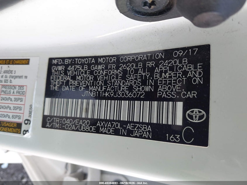 2018 Toyota Camry VIN JTNB11HK9J3036072 IAAI salvage auction — REAR END, Bill Of Sale (Washington), sold $4,650 on 2026-07-07 (photo 9)