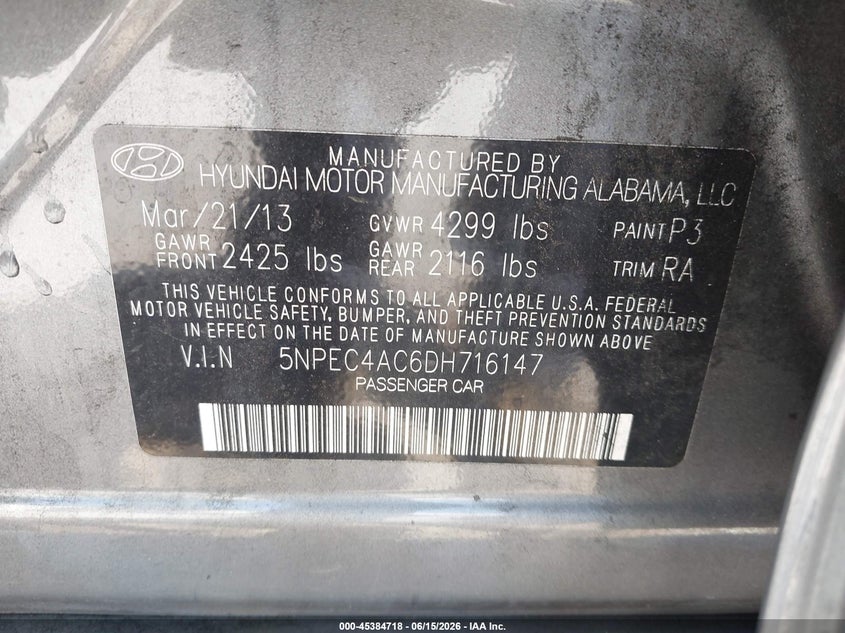 2013 Hyundai Sonata VIN 5NPEC4AC6DH716147 IAAI salvage auction — LEFT REAR, Salvage (California), sold $1,100 on 2026-07-20 (photo 9)