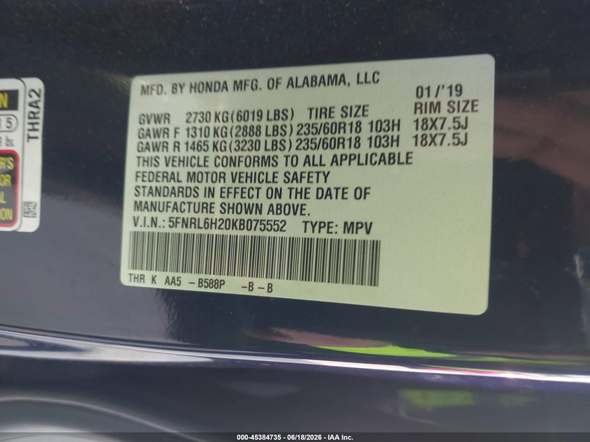 2019 Honda Odyssey VIN 5FNRL6H20KB075552 IAAI salvage auction — RIGHT FRONT, Salvage Title, sold $7,000 on 2026-07-29 (photo 9)