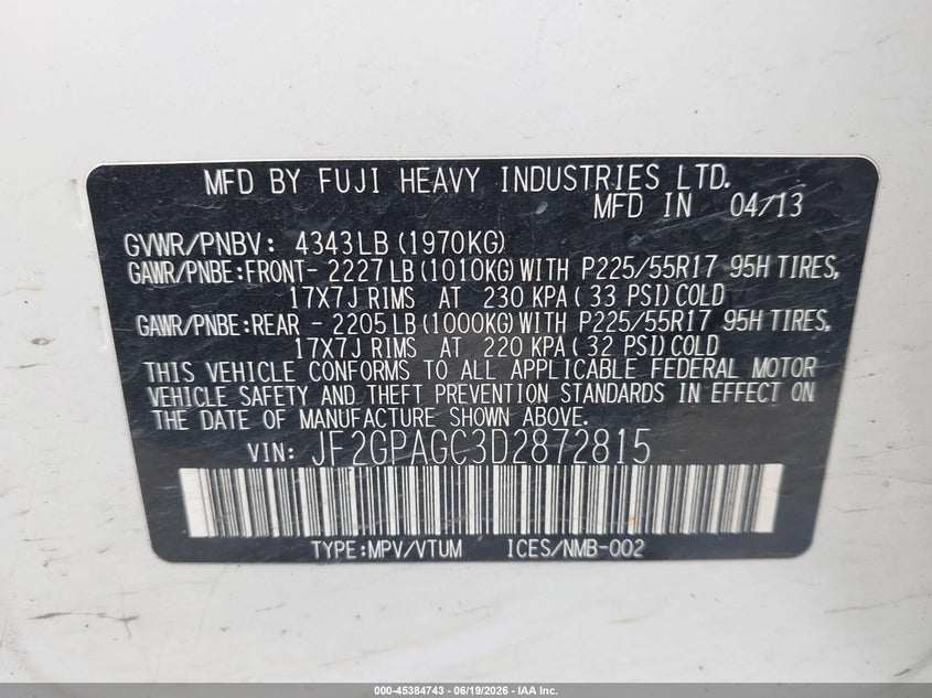 2013 Subaru Xv VIN JF2GPAGC3D2872815 IAAI salvage auction — FRONT END, Bill Of Sale (Washington), sold $950 on 2026-07-14 (photo 9)