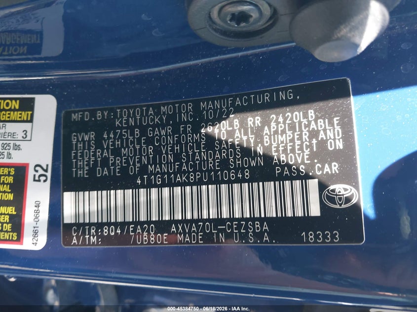 2023 Toyota Camry VIN 4T1G11AK8PU110648 IAAI salvage auction — FRONT END, Salvage Title, sold $8,100 on 2026-07-19 (photo 9)