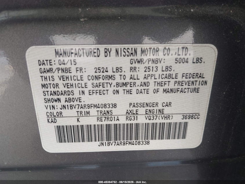 2015 Infiniti Q50 VIN JN1BV7AR9FM408338 IAAI salvage auction — RIGHT FRONT, Salvage Title, sold $1,300 on 2026-07-23 (photo 9)