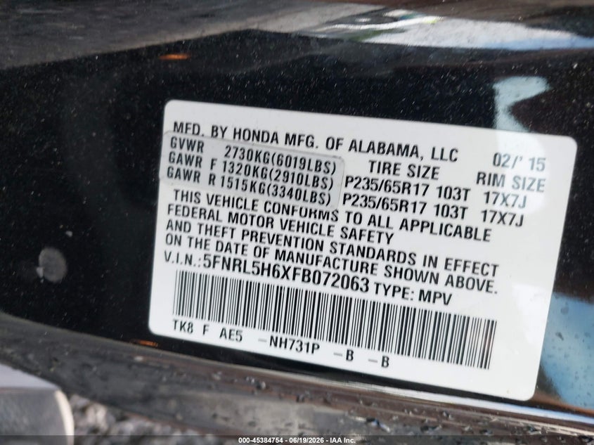 2015 Honda Odyssey VIN 5FNRL5H6XFB072063 IAAI salvage auction — FRONT & REAR, Salvage Title, sold $1,350 on 2026-07-24 (photo 9)