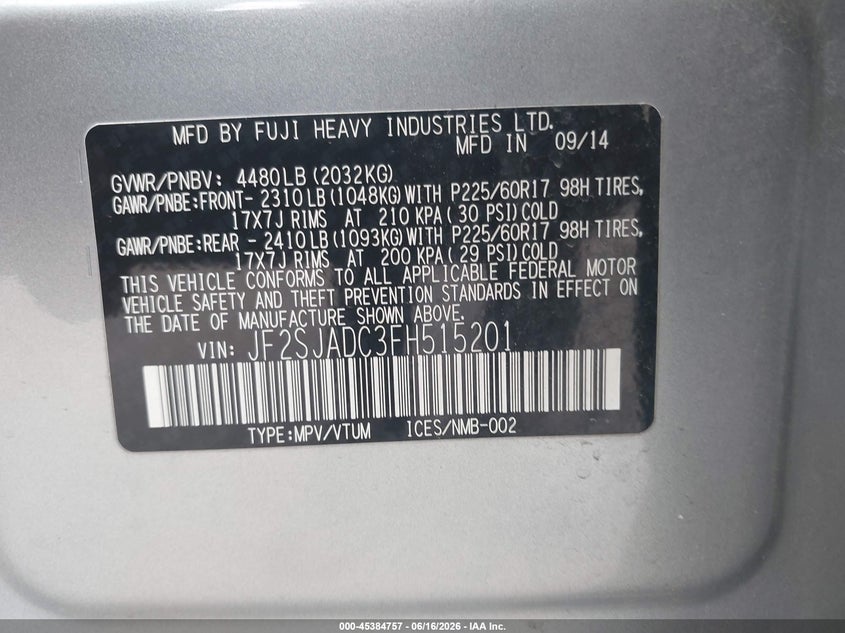 2015 Subaru Forester VIN JF2SJADC3FH515201 IAAI salvage auction — REAR END, Junk Bill Of Sale Mv2459 (Wisconsin), sold $3,075 on 2026-07-14 (photo 9)