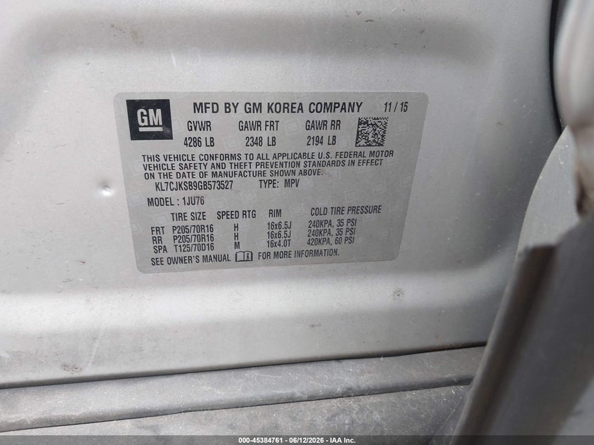 2016 Chevrolet Trax VIN KL7CJKSB9GB573527 IAAI salvage auction — NORMAL WEAR, Clear (Tennessee), sold $500 on 2026-07-16 (photo 9)