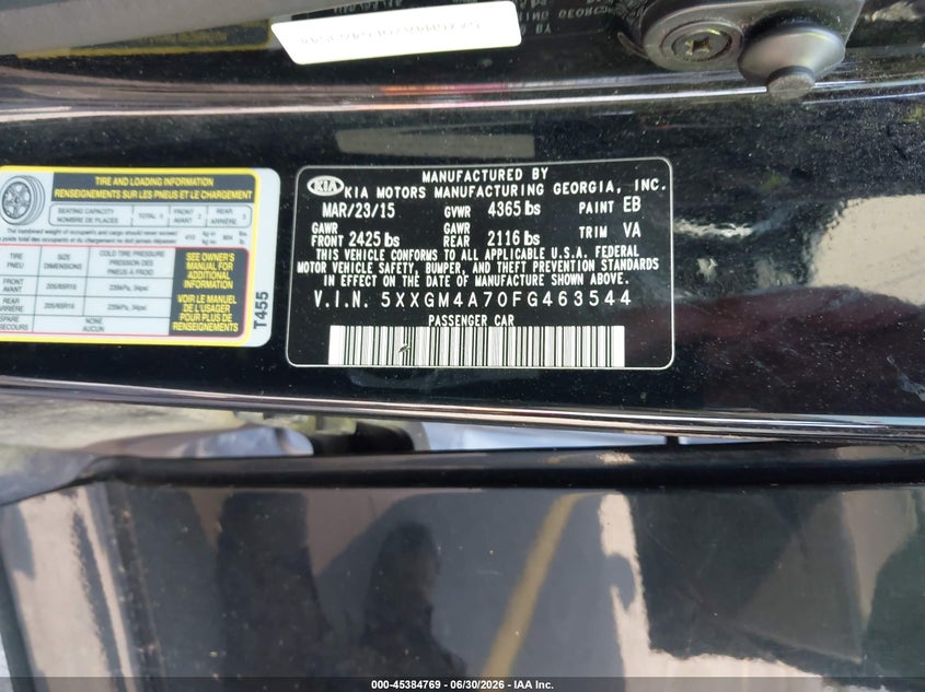 2015 Kia Optima VIN 5XXGM4A70FG463544 IAAI salvage auction — NORMAL WEAR, Repossession Paperwork (South Carolina), sold $850 on 2026-07-29 (photo 9)