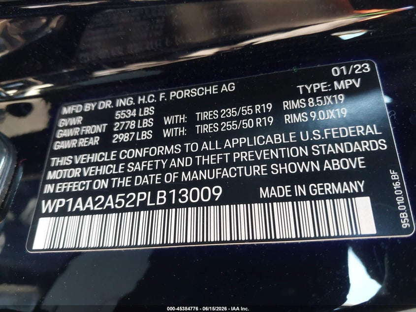 2023 Porsche Macan VIN WP1AA2A52PLB13009 IAAI salvage auction — FRONT END, Salvage (California), sold $6,800 on 2026-07-29 (photo 9)