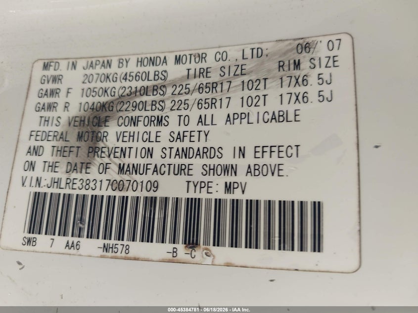 2007 Honda Cr-v VIN JHLRE38317C070109 IAAI salvage auction — NORMAL WEAR, Clear (Montana), sold $650 on 2026-07-21 (photo 9)