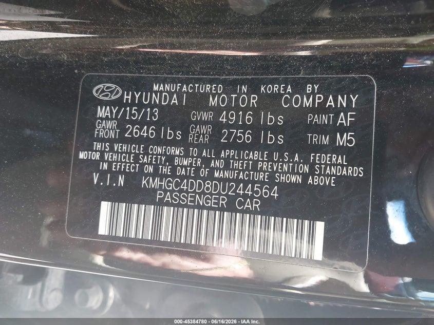 2013 Hyundai Genesis VIN KMHGC4DD8DU244564 IAAI salvage auction — REAR END, Clear (Massachusetts), sold $450 on 2026-07-14 (photo 9)