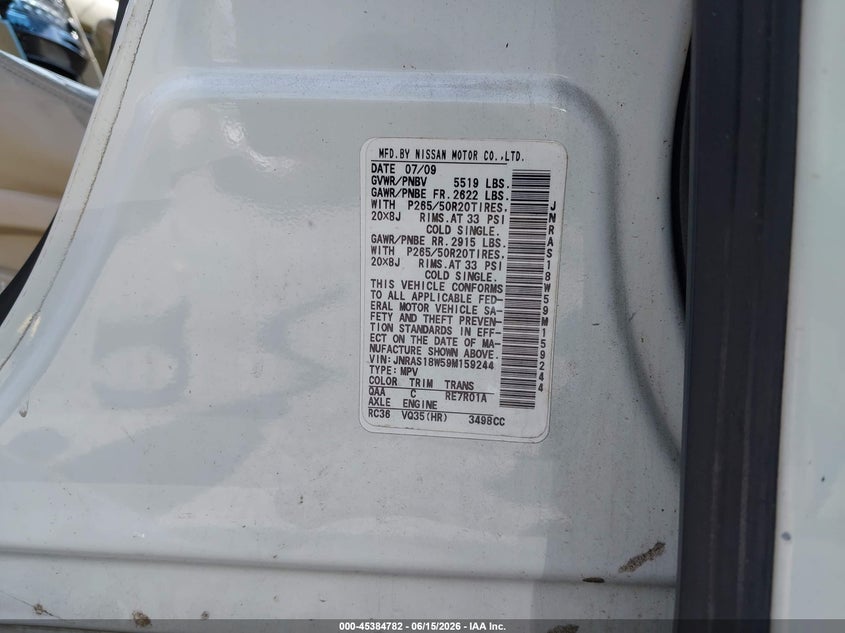 2009 Infiniti Fx35 VIN JNRAS18W59M159244 IAAI salvage auction — FRONT END, Junk (Oklahoma), sold $25 on 2026-07-28 (photo 9)