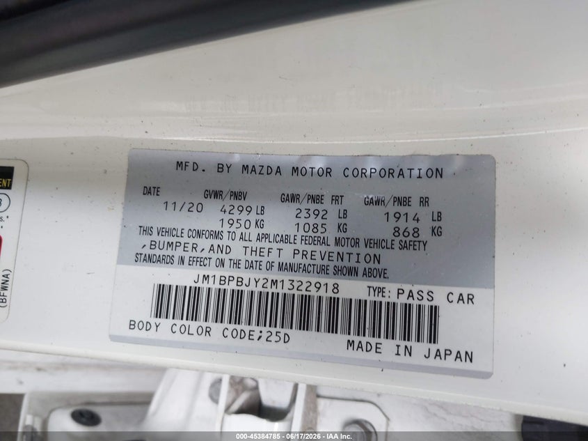2021 Mazda VIN JM1BPBJY2M1322918 IAAI salvage auction — FRONT END, Salvage Title, sold $3,800 on 2026-07-18 (photo 9)