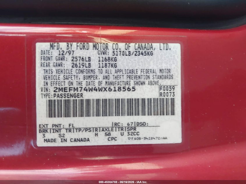 1998 Mercury Grand marquis VIN 2MEFM74W4WX618565 IAAI salvage auction — ALL OVER, Rebuildable (Florida), sold $250 on 2026-07-09 (photo 9)