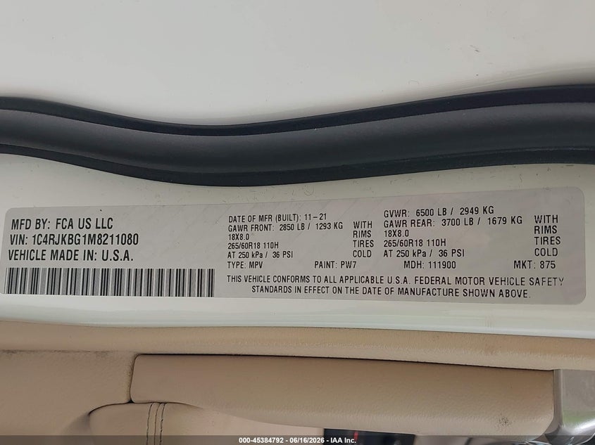 2021 Jeep Grand cherokee VIN 1C4RJKBG1M8211080 IAAI salvage auction — LEFT FRONT, Salvage Title, sold $9,600 on 2026-07-29 (photo 9)