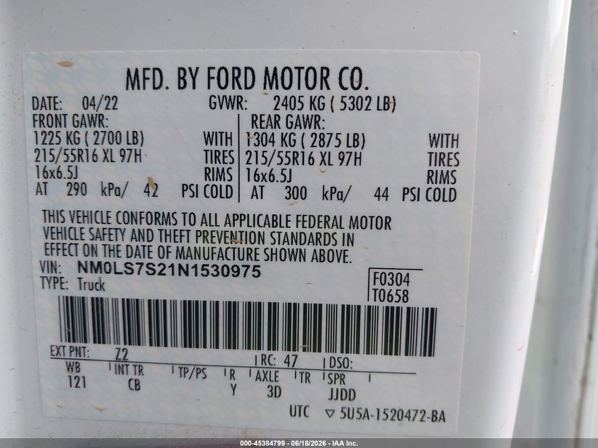 2022 Ford Transit VIN NM0LS7S21N1530975 IAAI salvage auction — WATER/FLOOD, Salvage (Ohio), sold $2,500 on 2026-07-08 (photo 9)