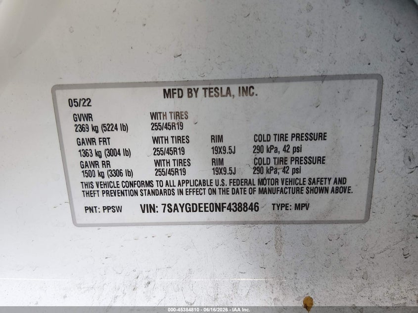 2022 Tesla Model y VIN 7SAYGDEE0NF438846 IAAI salvage auction — RIGHT FRONT, Salvage (California), sold $12,100 on 2026-07-13 (photo 9)
