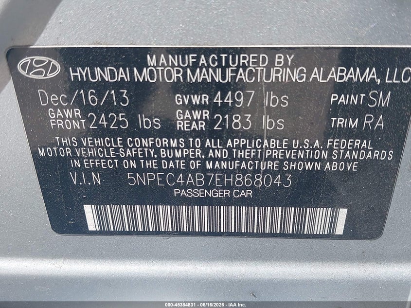 2014 Hyundai Sonata VIN 5NPEC4AB7EH868043 IAAI salvage auction — REAR END, Salvage - Greater Than 75% (Maryland), sold $1,225 on 2026-07-09 (photo 9)