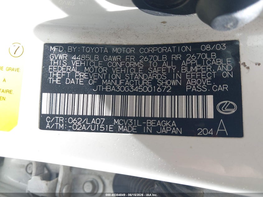 2004 Lexus Es 330 VIN JTHBA30G345001672 IAAI salvage auction — FRONT END, Salvage (California), sold $225 on 2026-07-15 (photo 9)