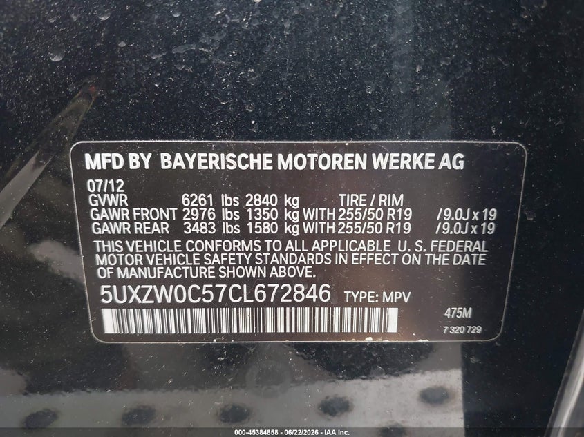 2012 BMW X5 VIN 5UXZW0C57CL672846 IAAI salvage auction — FRONT END, Mv-907A (New York), sold $1,550 on 2026-07-21 (photo 9)