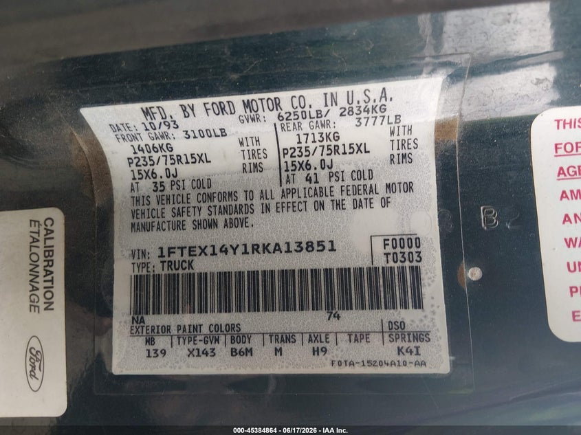 1994 Ford F-150 lightning VIN 1FTEX14Y1RKA13851 IAAI salvage auction — NORMAL WEAR, Clear (Washington), sold $375 on 2026-07-08 (photo 9)