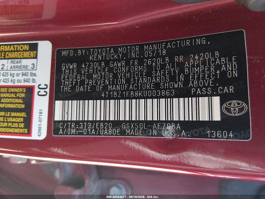 2019 Toyota Avalon VIN 4T1BZ1FB8KU003863 IAAI salvage auction — FRONT END, Salvage (Pennsylvania), sold $7,050 on 2026-07-17 (photo 9)