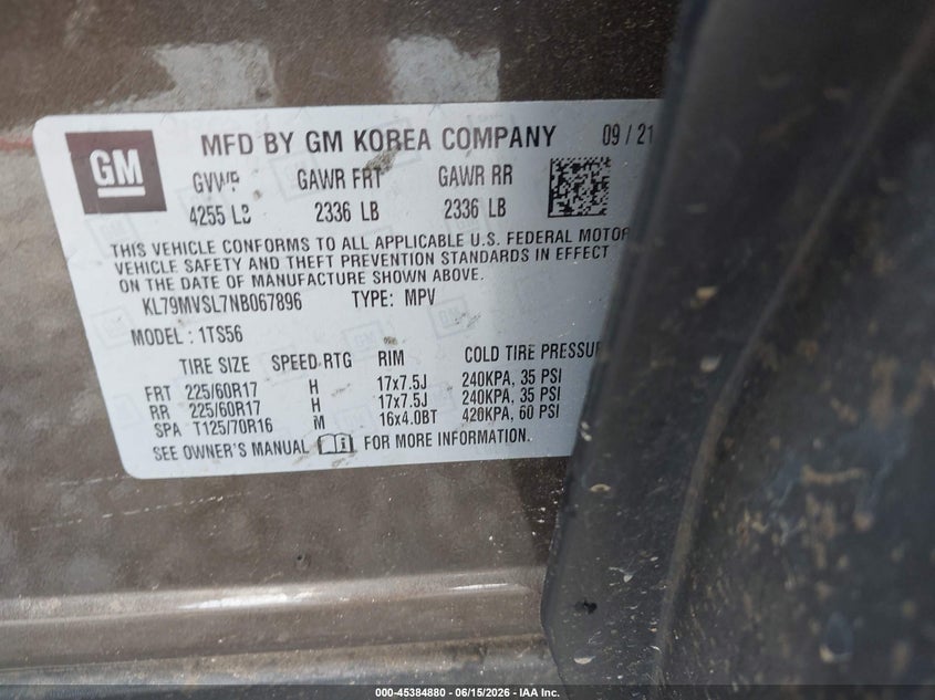 2022 Chevrolet Trailblazer VIN KL79MVSL7NB067896 IAAI salvage auction — LEFT FRONT, Salvage Title, sold $25 on 2026-07-31 (photo 9)