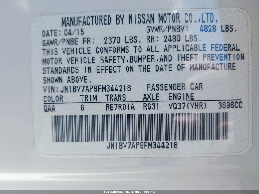 2015 Infiniti Q50 VIN JN1BV7AP9FM344218 IAAI salvage auction — LEFT SIDE, Salvage (California), sold $5,100 on 2026-07-13 (photo 9)