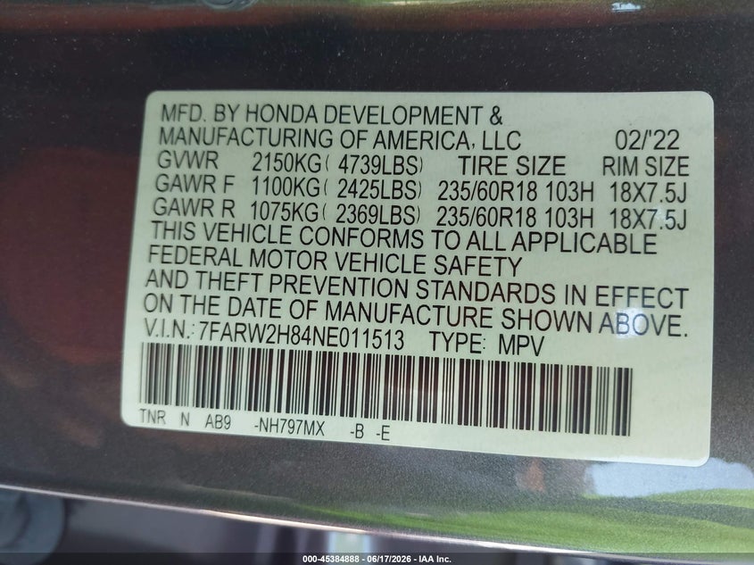 2022 Honda Cr-v VIN 7FARW2H84NE011513 IAAI salvage auction — FRONT END, Salvage (Tennessee), sold $11,000 on 2026-07-23 (photo 9)