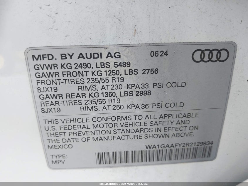 2024 Audi Q5 VIN WA1GAAFY2R2129934 IAAI salvage auction — SIDE, Salvage Title, sold $18,500 on 2026-08-07 (photo 9)