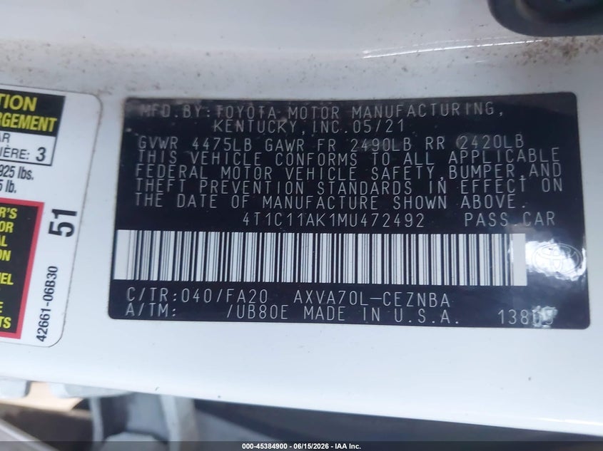 2021 Toyota Camry VIN 4T1C11AK1MU472492 IAAI salvage auction — FRONT END, Salvage (Arizona), sold $5,450 on 2026-07-12 (photo 9)