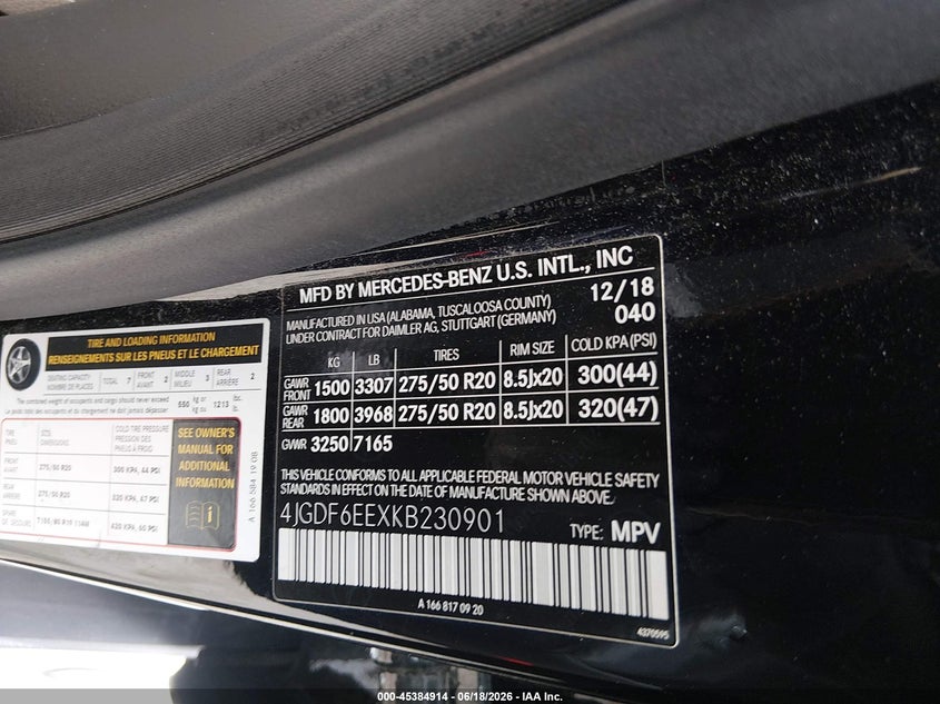 2019 Mercedes-benz Gls-klasse VIN 4JGDF6EEXKB230901 IAAI salvage auction — REAR END, Salvage (Illinois), sold $11,275 on 2026-07-28 (photo 9)