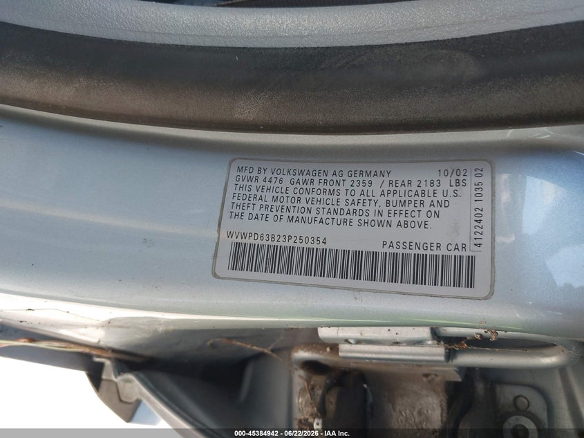 2003 Volkswagen Passat VIN WVWPD63B23P250354 IAAI salvage auction — NORMAL WEAR, Clear (Oregon), sold $200 on 2026-07-14 (photo 9)