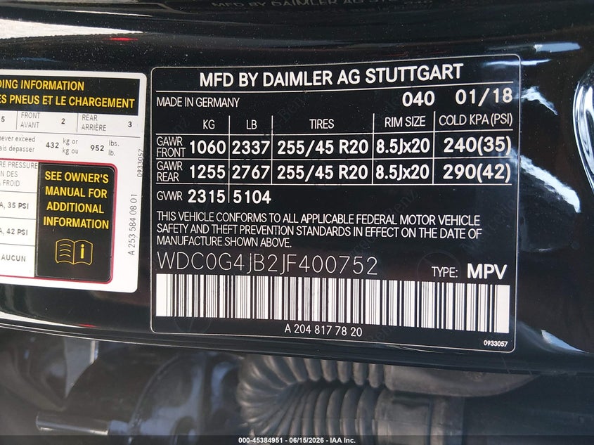 2018 Mercedes-benz Glc VIN WDC0G4JB2JF400752 IAAI salvage auction — REAR END, Salvage Title, sold $8,200 on 2026-08-12 (photo 9)