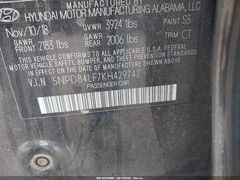 2019 Hyundai Elantra VIN 5NPD84LF7KH429742 IAAI salvage auction — HAIL, Original (Texas), sold $3,050 on 2026-07-26 (photo 9)
