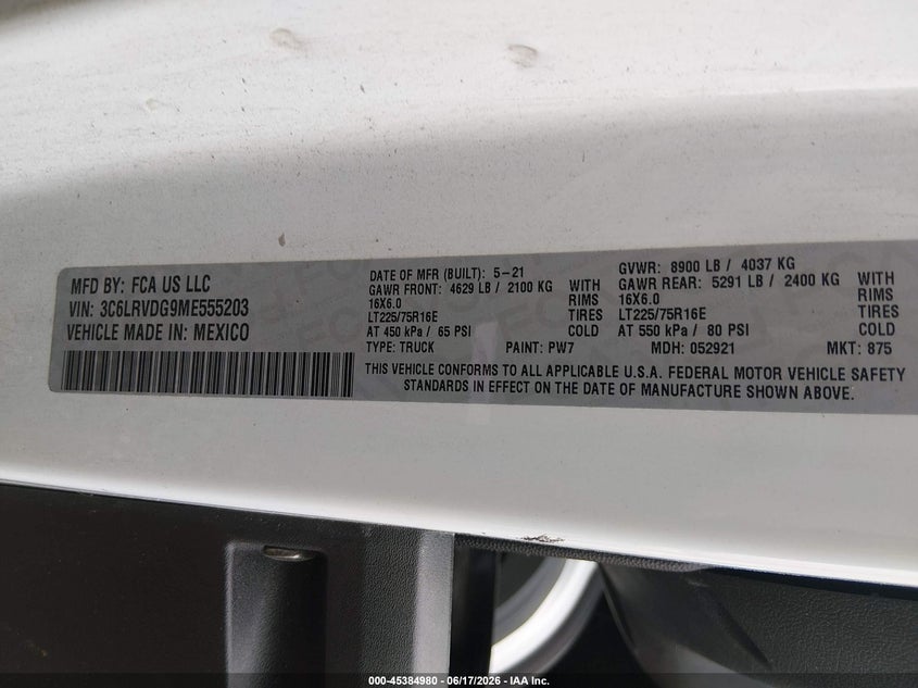 2021 Ram VIN 3C6LRVDG9ME555203 IAAI salvage auction — FRONT END, Salvage Title, sold $2,800 on 2026-08-17 (photo 9)