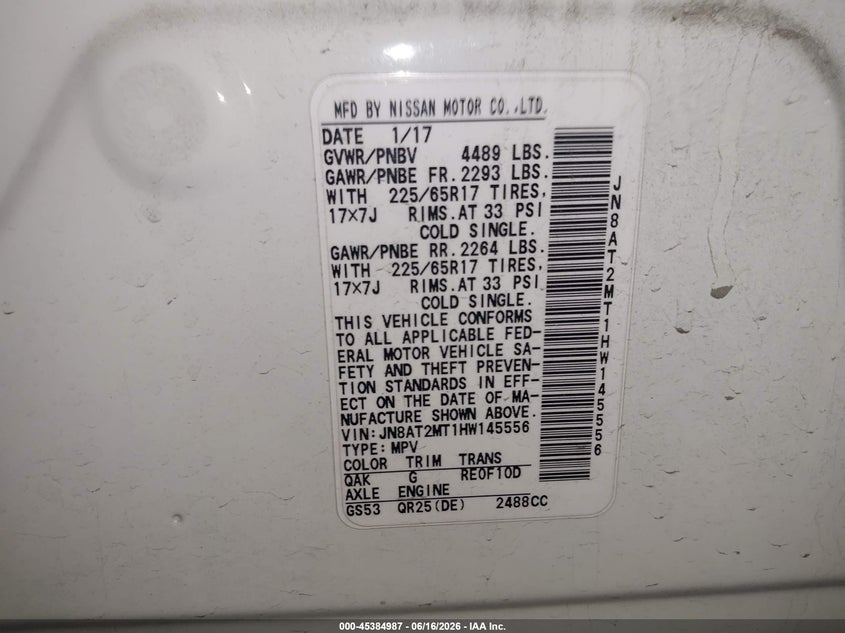 2017 Nissan Rogue VIN JN8AT2MT1HW145556 IAAI salvage auction — FRONT END, Salvage (Arizona), sold $2,275 on 2026-07-07 (photo 9)