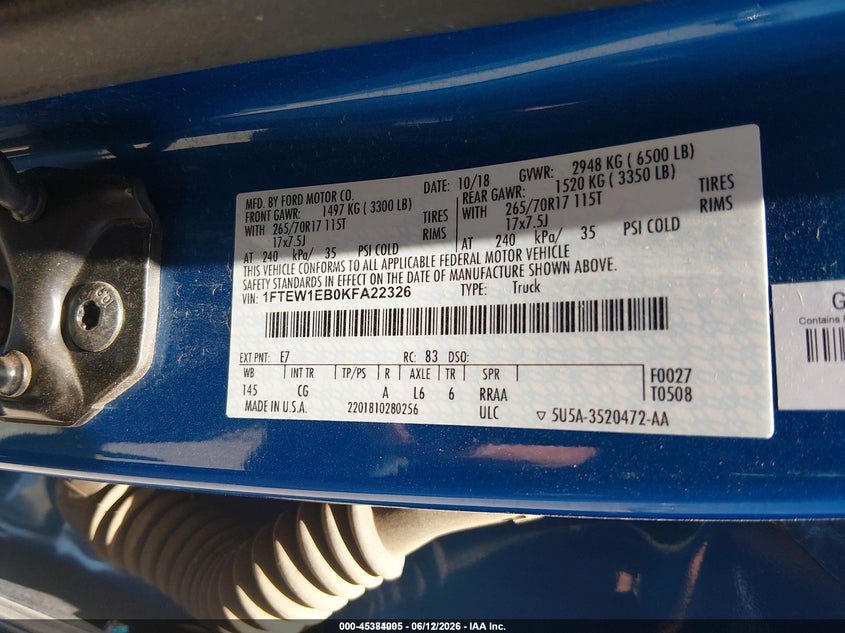 2019 Ford F-150 VIN 1FTEW1EB0KFA22326 IAAI salvage auction — NORMAL WEAR, Sf97 (Arizona), sold $20,300 on 2026-07-28 (photo 9)